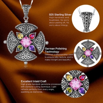 J.C Lady Rare Anniversary Necklace Pink amp; Garnet amp; Emerald Blue Topaz Solid 925 Sterling Silver Pendant Excellent Fine Jewelry