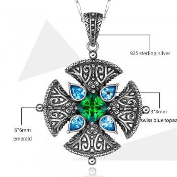 J.C Lady Rare Anniversary Necklace Pink amp; Garnet amp; Emerald Blue Topaz Solid 925 Sterling Silver Pendant Excellent Fine Jewelry