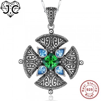 J.C Lady Rare Anniversary Necklace Pink amp; Garnet amp; Emerald Blue Topaz Solid 925 Sterling Silver Pendant Excellent Fine Jewelry