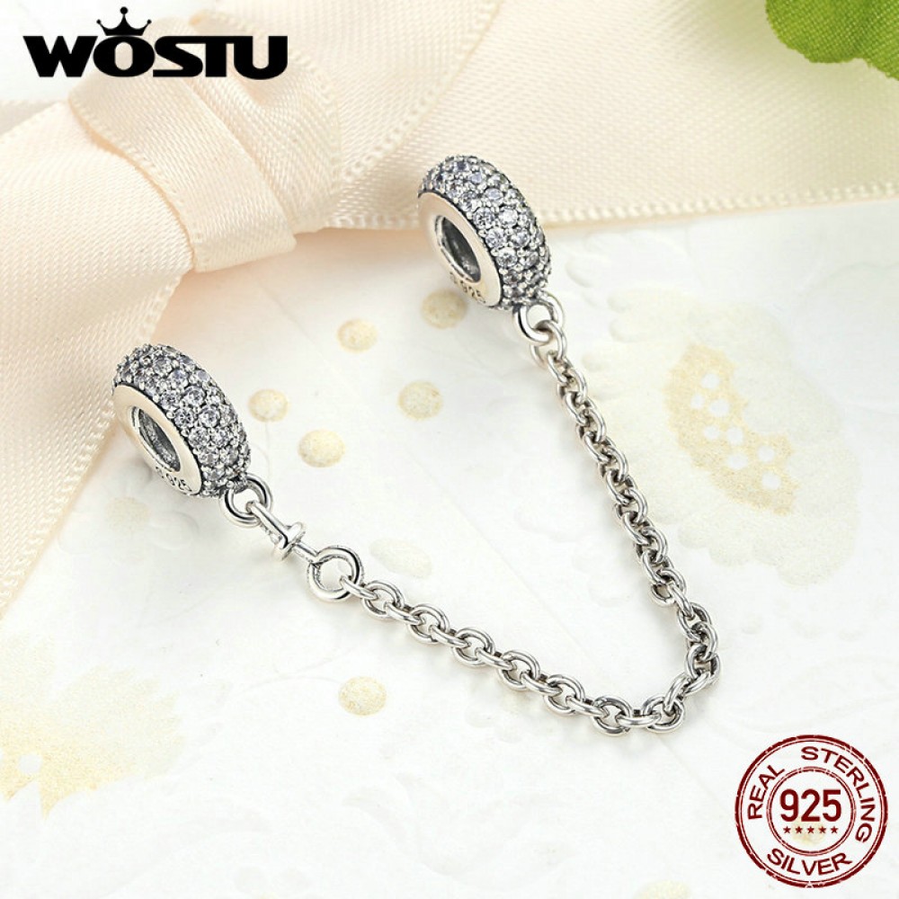 Real 925 Sterling Silver Pave Inspiration Safety Chain Charm With Clear CZ Fit Original WST Bracelet Authentic Jewelry Gift
