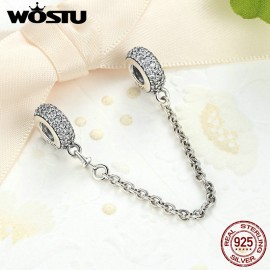 Real 925 Sterling Silver Pave Inspiration Safety Chain Charm With Clear CZ Fit Original WST Bracelet Authentic Jewelry Gift