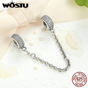 Real 925 Sterling Silver Pave Inspiration Safety Chain Charm With Clear CZ Fit Original WST Bracelet Authentic Jewelry Gift