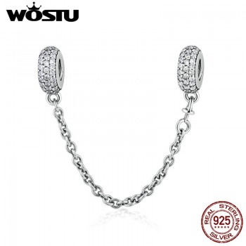 Real 925 Sterling Silver Pave Inspiration Safety Chain Charm With Clear CZ Fit Original WST Bracelet Authentic Jewelry Gift