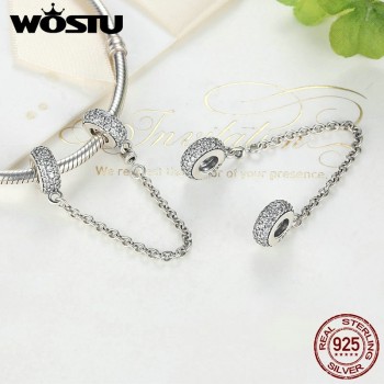 Real 925 Sterling Silver Pave Inspiration Safety Chain Charm With Clear CZ Fit Original WST Bracelet Authentic Jewelry Gift