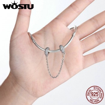 Real 925 Sterling Silver Pave Inspiration Safety Chain Charm With Clear CZ Fit Original WST Bracelet Authentic Jewelry Gift