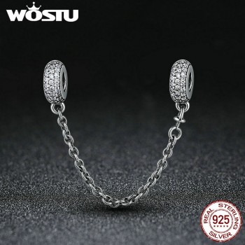 Real 925 Sterling Silver Pave Inspiration Safety Chain Charm With Clear CZ Fit Original WST Bracelet Authentic Jewelry Gift