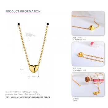e-Manco Heart 925 Sterling Silver Choker Necklace Gold-plated Simple and Romantic Fine Jewelry Valentines Gift for Women