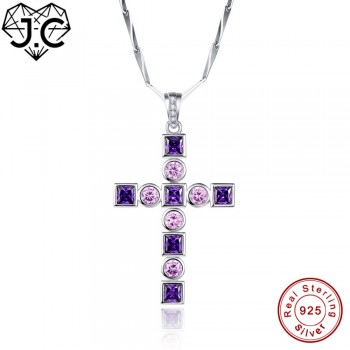 J.C for Women Girl New Trendy Necklace Ruby Blue Purple Topaz Cross Design Solid 925 Sterling Silver Pendant Fine Jewelry