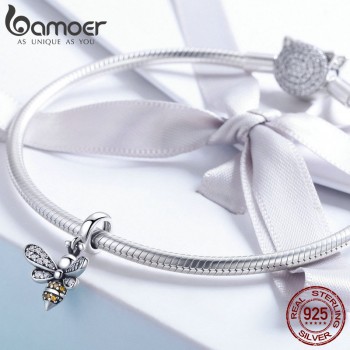 BAMOER 925 Sterling Silver Crystal Bee Luminous CZ Crystal Charm fit Women Charm Bracelets DIY Jewelry Girlfriend Gift SCC821