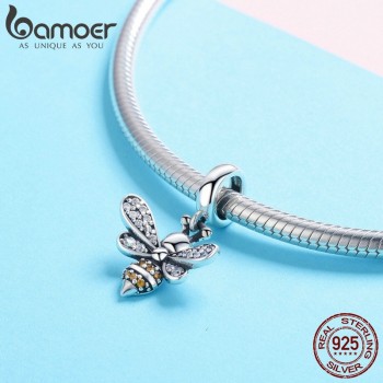 BAMOER 925 Sterling Silver Crystal Bee Luminous CZ Crystal Charm fit Women Charm Bracelets DIY Jewelry Girlfriend Gift SCC821
