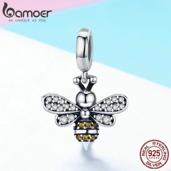 BAMOER 925 Sterling Silver Crystal Bee Luminous CZ Crystal Charm fit Women Charm Bracelets DIY Jewelry Girlfriend Gift SCC821