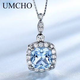 UMCHO Solid 925 Sterling Silver Necklaces Pendants Sky Blue Topaz Necklace For Women Engagement Wedding Christmas Jewelry New