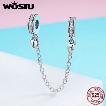 WOSTU Authentic 925 Sterling Silver Stackable Heart Love Dangle Safety Chain Charm With CZ Fit Original Bracelet Jewelry BKC606