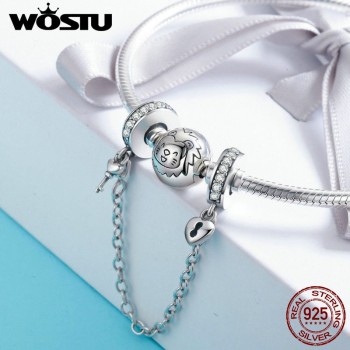 WOSTU Authentic 925 Sterling Silver Stackable Heart Love Dangle Safety Chain Charm With CZ Fit Original Bracelet Jewelry BKC606