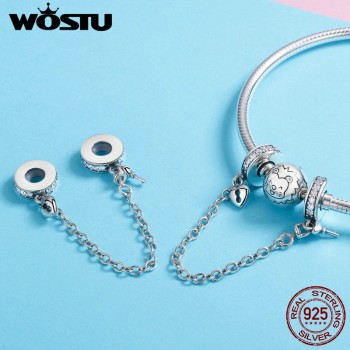 WOSTU Authentic 925 Sterling Silver Stackable Heart Love Dangle Safety Chain Charm With CZ Fit Original Bracelet Jewelry BKC606