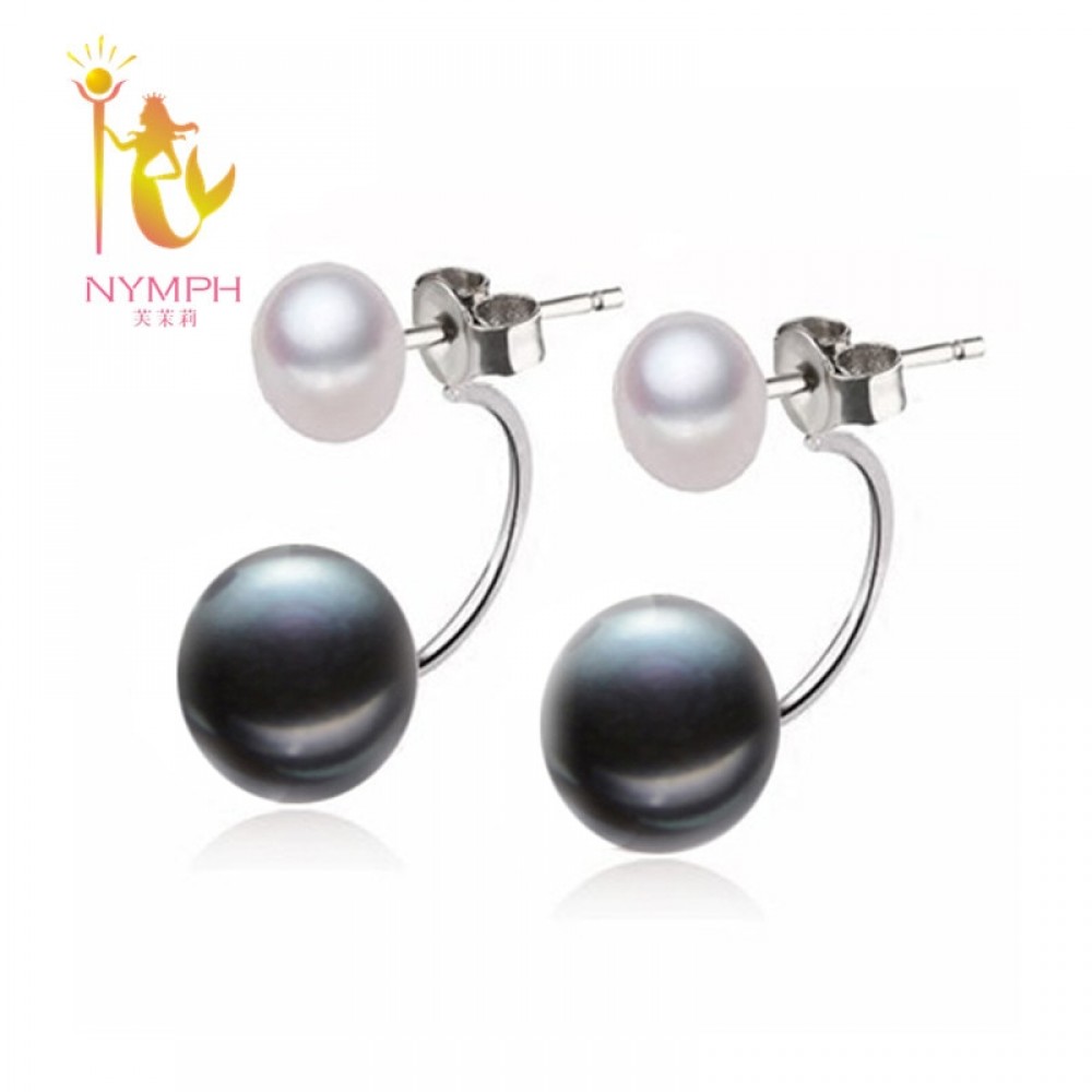 NYMPH Natural Pearl Stud Earrings Jewelry S925 Sterling Silver Genuine White Black Double Pearl Earrings Party  [E205]