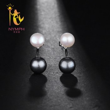 NYMPH Natural Pearl Stud Earrings Jewelry S925 Sterling Silver Genuine White Black Double Pearl Earrings Party  [E205]