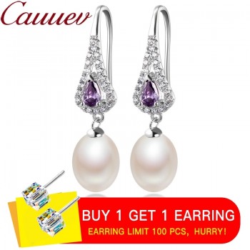 Elegant Women AAA Shiny Crystal Real Natural Freshwater Pearl Drop Earrings Fashion Luxury Zircon 925 Sterling Silver Jewelry