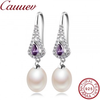 Elegant Women AAA Shiny Crystal Real Natural Freshwater Pearl Drop Earrings Fashion Luxury Zircon 925 Sterling Silver Jewelry