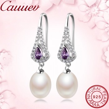Elegant Women AAA Shiny Crystal Real Natural Freshwater Pearl Drop Earrings Fashion Luxury Zircon 925 Sterling Silver Jewelry