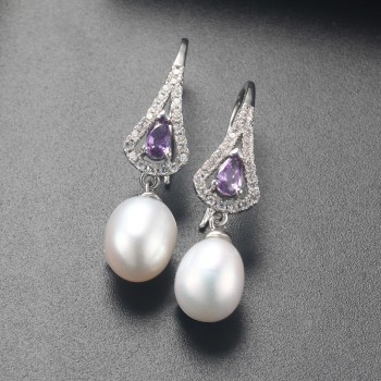 Elegant Women AAA Shiny Crystal Real Natural Freshwater Pearl Drop Earrings Fashion Luxury Zircon 925 Sterling Silver Jewelry