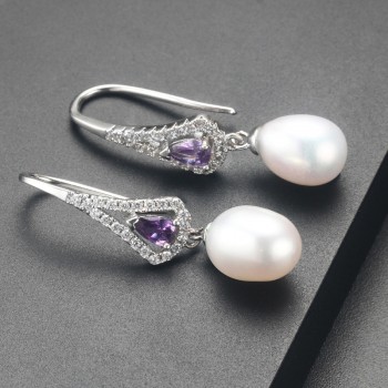 Elegant Women AAA Shiny Crystal Real Natural Freshwater Pearl Drop Earrings Fashion Luxury Zircon 925 Sterling Silver Jewelry