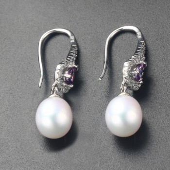 Elegant Women AAA Shiny Crystal Real Natural Freshwater Pearl Drop Earrings Fashion Luxury Zircon 925 Sterling Silver Jewelry