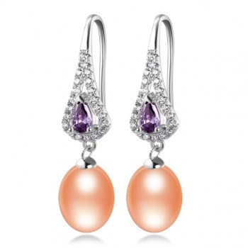 Elegant Women AAA Shiny Crystal Real Natural Freshwater Pearl Drop Earrings Fashion Luxury Zircon 925 Sterling Silver Jewelry