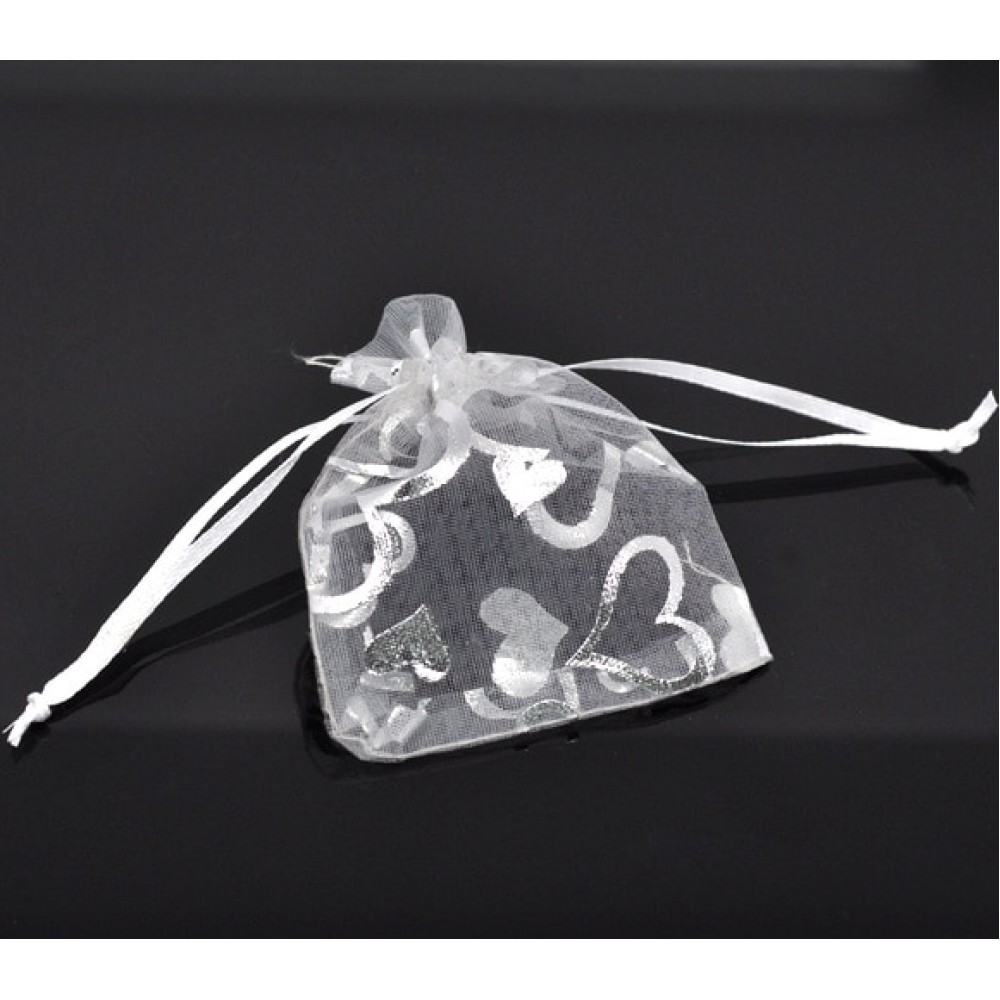 Organza Organza Jewelry Bags Drawable Rectangle White Heart Pattern 9cm x7cm(3 4/8 x2 6/8), 4 PCs new