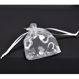 Organza Organza Jewelry Bags Drawable Rectangle White Heart Pattern 9cm x7cm(3 4/8 x2 6/8), 4 PCs new