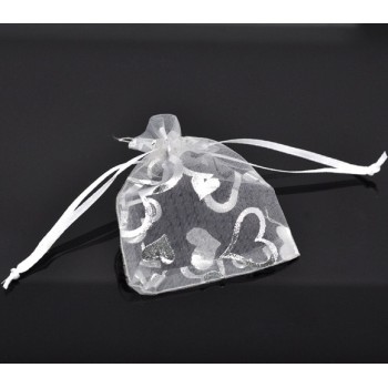 Organza Organza Jewelry Bags Drawable Rectangle White Heart Pattern 9cm x7cm(3 4/8 x2 6/8), 4 PCs new