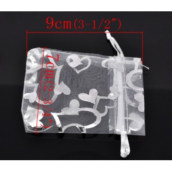 Organza Organza Jewelry Bags Drawable Rectangle White Heart Pattern 9cm x7cm(3 4/8 x2 6/8), 4 PCs new