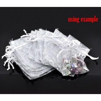 Organza Organza Jewelry Bags Drawable Rectangle White Heart Pattern 9cm x7cm(3 4/8 x2 6/8), 4 PCs new