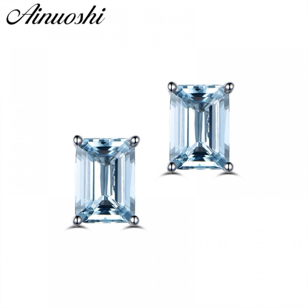 AINUOSHI Mini Natural Blue Topaz Stud Earring 3x5mm Gem Emerald Cut 925 Sterling silver Earrings Trendy Gift for Womans Jewelry