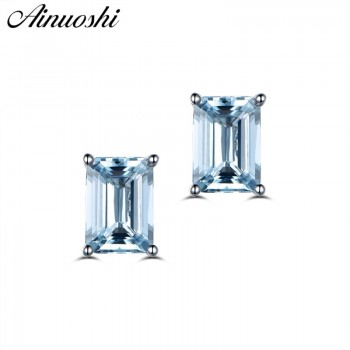 AINUOSHI Mini Natural Blue Topaz Stud Earring 3x5mm Gem Emerald Cut 925 Sterling silver Earrings Trendy Gift for Womans Jewelry