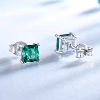 UMCHO Solid Real 925 Sterling Silver Jewelry Created Emerald Square Stud Earrings For Women Elegant Birthday Gifts Fine Jewelry