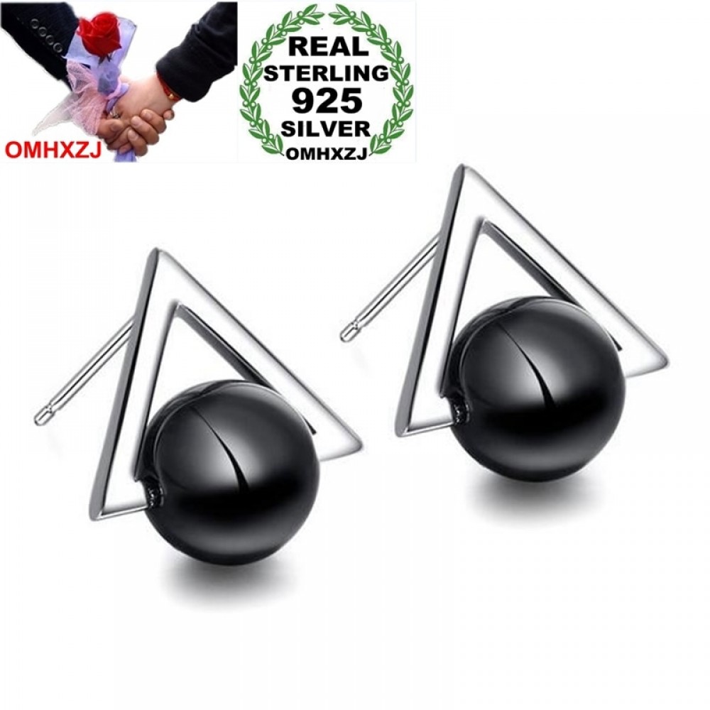 OMHXZJ Wholesale Triangle Fashion joker OL Style For Woman Girl Wedding Gift Black Agate 925 Sterling Silver Stud Earrings YS309