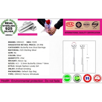 OMHXZJ WHOLESALE Fashion jewelry swing Retro tassel 925 sterling silver Butterfly love beautiful girl long Earrings YS99