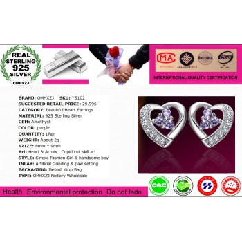 OMHXZJ Wholesale Fashion jewelry beautiful girl purple love heart Amethyst 925 sterling silver Stud earrings YS102