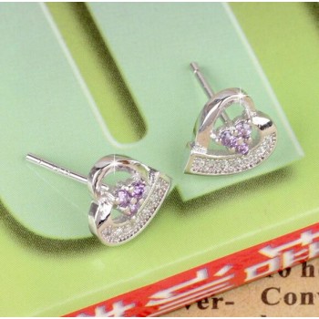 OMHXZJ Wholesale Fashion jewelry beautiful girl purple love heart Amethyst 925 sterling silver Stud earrings YS102