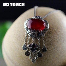 GQTORCH Real 925 Sterling Silver Pendant For Women Handmade Tassels Inlaid Natural Red Ruby Gemstone Bijoux Femme