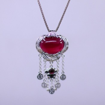 GQTORCH Real 925 Sterling Silver Pendant For Women Handmade Tassels Inlaid Natural Red Ruby Gemstone Bijoux Femme