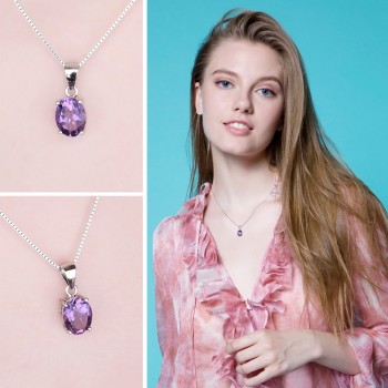 JewelryPalace Oval 1.7ct Natural Purple Amethyst Birthstone Solitaire Pendant Solid 925 Sterling Silver Jewelry Without a Chain