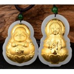 Natural White HeTian Jade + 18K Solid Gold Large Chinese Buddha GuanYin Lucky Amulet Pendant + Free Necklace Jewelry Certificate