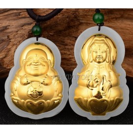 Natural White HeTian Jade + 18K Solid Gold Large Chinese Buddha GuanYin Lucky Amulet Pendant + Free Necklace Jewelry Certificate