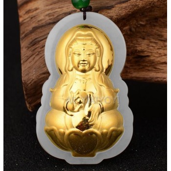Natural White HeTian Jade + 18K Solid Gold Large Chinese Buddha GuanYin Lucky Amulet Pendant + Free Necklace Jewelry Certificate