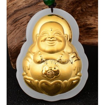 Natural White HeTian Jade + 18K Solid Gold Large Chinese Buddha GuanYin Lucky Amulet Pendant + Free Necklace Jewelry Certificate
