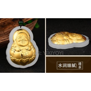Natural White HeTian Jade + 18K Solid Gold Large Chinese Buddha GuanYin Lucky Amulet Pendant + Free Necklace Jewelry Certificate