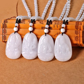 High Quality Jade Reiki Healing Crystal Buddha Chain Lucky White Jade Carved Buddha Lucky Amulet Pendant Necklace For Women Men