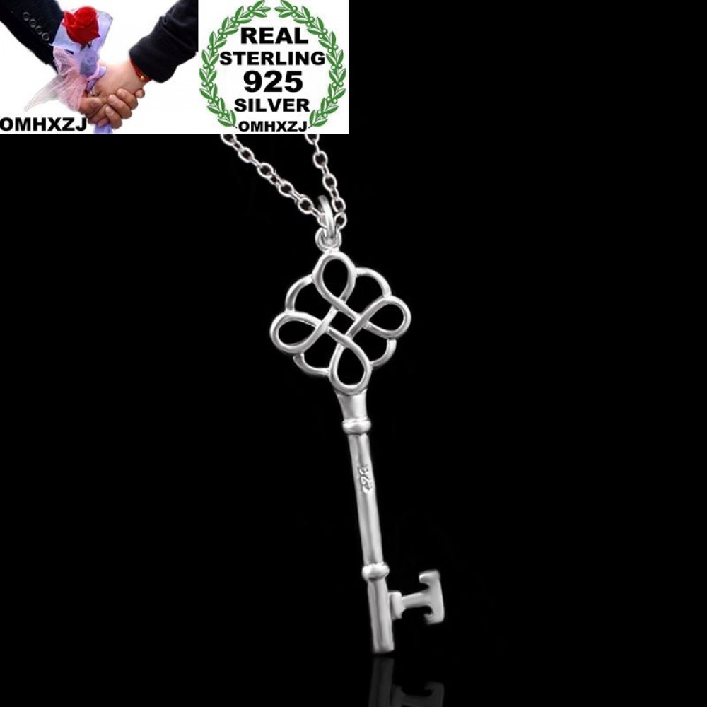OMHXZJ Wholesale Personality Fashion OL Woman Girl Party Gift Silver Hollow Key 925 Sterling Silver Charm Pendant Necklace CH90
